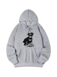 Women's Hooded Sweatshirt, New Autumn/Winter Puppy Pattern & Letter Print, Drawstring Design, With Pockets, Casual Versatile Loose Top, Fashionable Daily Wear - Dark Gray - View 3