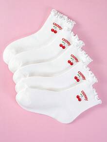 1/5/10 Girls' Ruffled Cherry Letter Mid-Calf Breathable White Sweet Student Everyday Versatile Children's Socks - Multicolor - View 12
