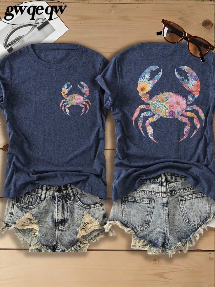 Retro Fireworks Shirt Patriotic T-Shirt, Preppy Coastal Lake T-Shirt, Colorful Summer T-Shirt, Beach Lover Gift Casual T-Shirt Vacation Set For Women - 藏藍色1 - 查看 1