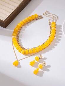 3 piezas/1 set Conjunto de joyas de collar y pendientes de estilo bohemio con capas de cuentas de acrílico, adecuado para uso diario, viajes y vacaciones - Amarillo - Ver 4