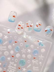 5D 浮雕金魚海洋美甲貼紙，全息藍色波浪貝殼海星自黏式美甲貼花，夏季海灘度假多巴胺風 DIY 美甲裝飾，適用於夏季居家沙龍美甲與穿戴甲配件，1 張 - 淺藍色 - 查看 8