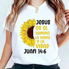 Playera de manga corta para mujer, camiseta de verano para mujer, camiseta cristiana en español, camiseta de algodón para cristianas, camiseta gráfica de algodón para mujer, cuello redondo, - Blanco - Ver 1