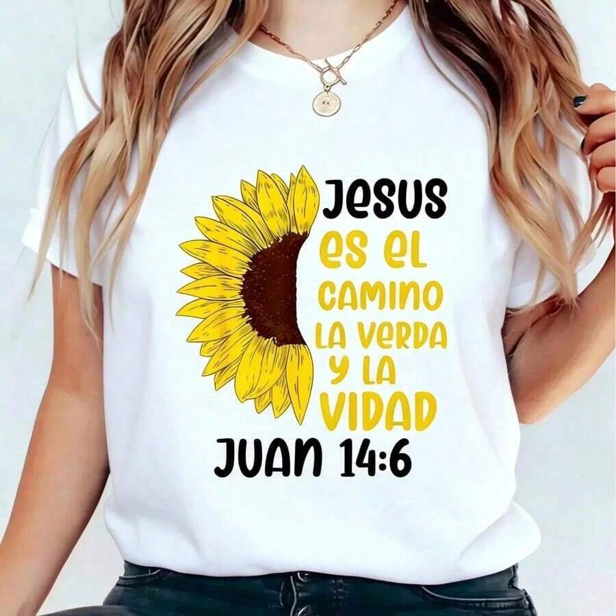 Playera de manga corta para mujer, camiseta de verano para mujer, camiseta cristiana en español, camiseta de algodón para cristianas, camiseta gráfica de algodón para mujer, cuello redondo, - Blanco - Ver 1