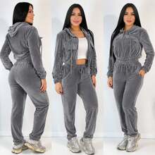 Women's Crystal Velvet Set With Hood And Zipper, Pants With Pocket, Cold Weather, Autumn/Winter - 灰色 - 查看 2