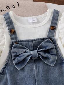 Baby Girl 2-Piece Set, Includes White Pleated Puff Sleeve Ribbed Top And Denim Overalls With Bow Embroidery, Suitable For Spring And Autumn - White - View 6