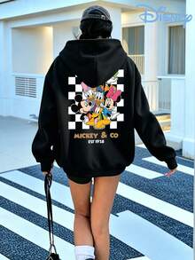 Disney Mickey Mouse Checkerboard Graphic Hoodie, Oversized Black Kangaroo Pocket Sweatshirt, Retro Streetwear Pullover For Women - 黑色 - 查看 2
