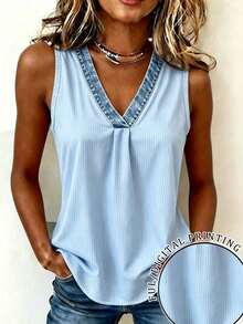 - Top de Mujer de Corte Regular con Estampado Efecto Denim, Bloques de Color y Adornos de Pedrería, Nueva Colección - Color caoba - Ver 23