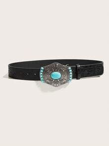 1 pieza Cinturón de mujer con estampado vintage de turquesa, adecuado para uso diario - Negro - Ver 2