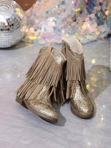 NILOSH Girls' Glitter Tassel Denim Boots, Western Mid-Calf Boots, Suitable For Parties, Dancing And Performances - Gold - View 5