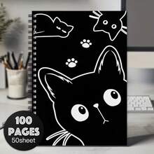 1pc A5 Size Cute Cat Spiral Notebook - Japanese Manga Style Plush Diary, Black & White Cat Face, Heart & Star Pattern, Suitable For School And Office Planner - Gift For Cat Lovers - Multicolor - View 11