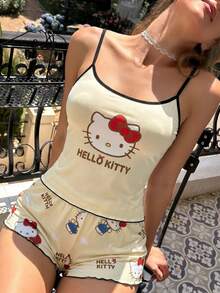 Hello Kitty 2026 女款夏季睡衣套裝 2 件組 睡褲＋上衣 Y2K 風格居家休閒短褲套裝 - 杏色 - 查看 3