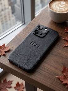 客製化個性化首字母姓名 3D DIY 雕刻手機殼，適用於 iPhone 17 16 15 14 13 12 11 Pro Max 17 Air 16 15 14 Plus，奢華電鍍防撞後蓋，荔枝紋 PU 皮革防震保護殼，金箔印刷工藝，適合情人、朋友、家人或自己的節日禮物 - 黑色 - 查看 3