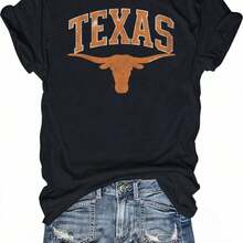 Women's Longhorn TEXAS Crew Neck Casual T-Shirt, Comfortable Fit, Printed T-Shirts, Suitable For All Seasons, Daily Wear (1) Casual And Fashionable Top For Everyday Wear - 黑色 - 查看 1