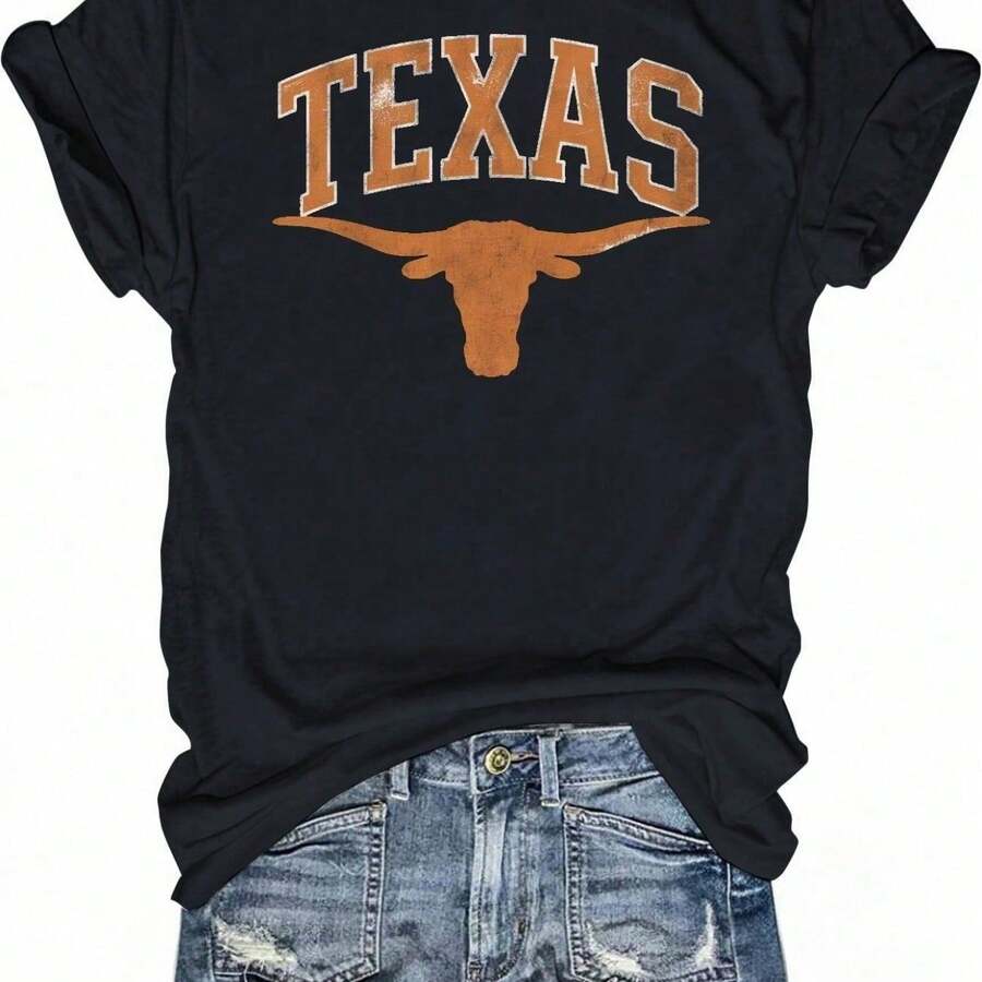 Women's Longhorn TEXAS Crew Neck Casual T-Shirt, Comfortable Fit, Printed T-Shirts, Suitable For All Seasons, Daily Wear (1) Casual And Fashionable Top For Everyday Wear - 黑色 - 查看 1