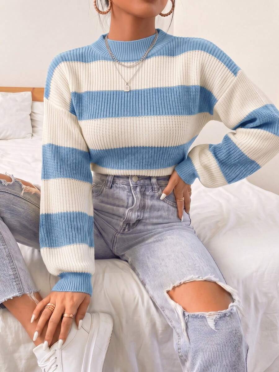 Striped Cropped Knit Blouse, Balloon Sleeves, Round Neck, Women's, Autumn/Winter 2026, , Premium Fabric, Sweater, Retro, Everyday Wear, Fashionable, New Line, University Style, Warm, Various Colors, Y2k - 藍色 - 查看 1