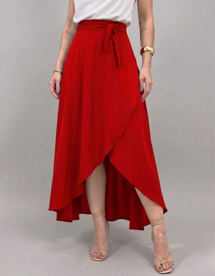 Long Wrap Skirt With Tie-Up Fashion Blogger - 紅色 - 查看 1