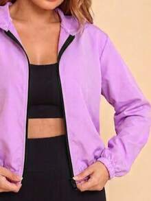Women's Basic Plain Windbreaker Jacket Without Pockets - Lilac Purple - View 2