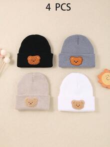 1/4pcs Baby Cute Plush Bear Knitted Hat, Autumn/Winter Warm Ribbed Knit Hat, Unisex Infant Toddler, Soft Breathable Elastic Cuffed Hat, - Multicolor - View 10