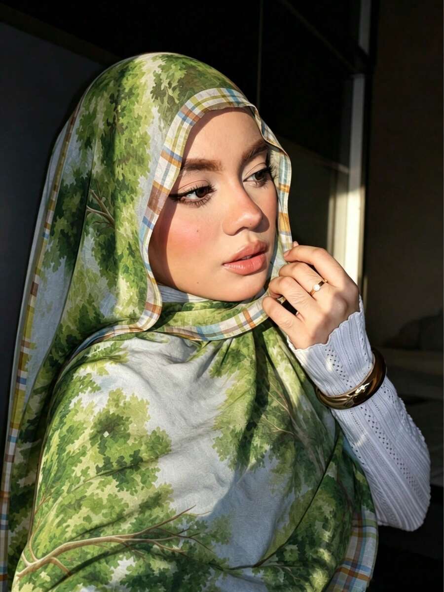 1件女款波希米亞森林風寬邊格子印花頭巾，波西米亞風穆斯林頭巾，度假風防曬長圍巾，日常通勤亮膚穆斯林頭巾，適合四季 - 綠色 - 查看 1