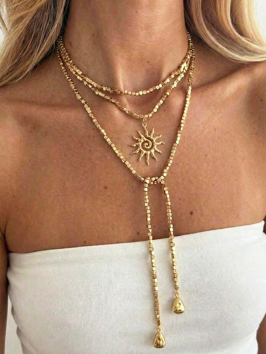 1 pièce Collier long pour femme, matériau en métal doré, collier à couches mode, pendentif tournesol avec perles géométriques, cadeau de vacances - Doré - Voir 1