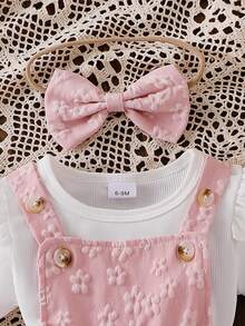 3pcs Baby Girl Sweet Princess Set: Solid Color Cap Sleeve T-Shirt, Jacquard Floral Pinafore Dress With Tiered Skirt, Headband With Bow - Pink - View 5