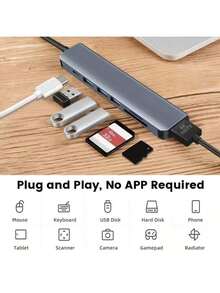 Type-C 6合1擴充塢，支援 4K 30Hz 高畫質影片輸出、PD100W 供電、USB 2.0/3.0 接口、SD/TF 讀卡機、100W 輸出功率、USB-C 多功能接口，相容電腦、Android Pro/Max、S23 及其他設備 - 銀色 - 查看 5