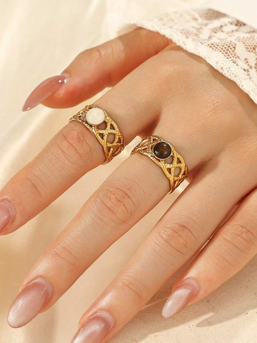 2pcs Stainless Steel Vintage Hollow Woven Open Adjustable Rings, Inlaid With Brown Tiger Eye And White Natural Stone, 18K Gold Plated Wide Band Rings For Women Daily Accessories - Yellow Gold - View 1