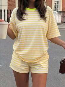 Vellofy Women's Casual Striped Two Pieces Set With Round Neck Short Sleeve Top And Shorts Summer - Yellow - View 9