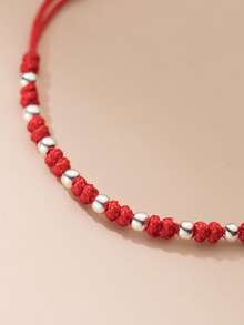 1pc S925 Sterling Silver Red Cord Adjustable Bracelet, Gentle Vibe, Versatile For Daily Commute, Minimalist Niche Chic, New Chinese Style, Gift For Best Friend Or Couple - Beads - View 4