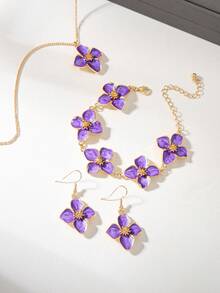 1 Set Cute Sweet Vacation Style Enamel Flower Necklace, Bracelet And Earrings Set, Can Be Layered Or Worn Separately, Suitable For Holiday Travel, Dating, Beach Vacation And Daily Wear, - Purple - View 3