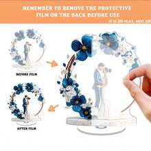 1pc 2D Flat Rotating Acrylic Wedding Couple Decor - 2D Flat Rotating Base With Blue & White Floral Arch, Sparkling Center Decoration, Suitable For Outdoor Tabletop Decor, Wedding/Anniversary Gift - A - View 7