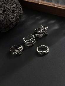 4pcs Set Punk Gothic Style Metal Rings, Cool Gift For Men, Party Accessories, Best Gift For Boyfriend - Antique Silver - View 3