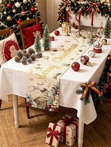 1pc 35*180cm/13.78*70.87inch Christmas Decorative Polyester Table Runner With Gingerbread Man, Poinsettia, Snowflake, Pine Branch, Red Berry, Candy Cane, Bell, Reindeer, Golden Christmas Tree, Snowflake, Five-Pointed Star Cartoon Pattern Design, Suitable For Home Dining Table Holiday Decoration, Festive Atmosphere Christmas Tablecloth, Desktop Decorative Fabric - Multicolor - View 5