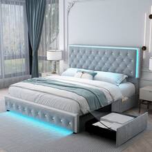 SIBEDS Marco de cama tapizado con LED RGB de tamaño queen con 2 cajones de almacenamiento y 2 bolsillos laterales, cama de plataforma de almacenamiento de tamaño king con cabecera capitoneada con botones de cristal y listones sólidos de soporte, sin ruido, sin necesidad de caja de resortes, fácil montaje, piel de poliuretano y terciopelo suave - Gris terciopelo - Ver 6