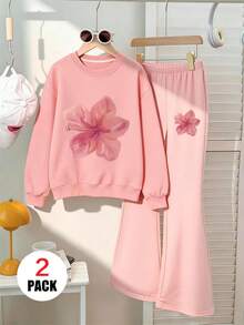 2pcs/Set Girls Floral Print Crew Neck Long Sleeve Sweatshirt And Leopard Print Flared Pants, Fashion Casual, Suitable For Autumn/Winter - Pink - View 2