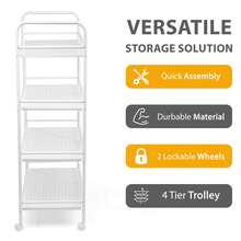 Crystals Slim Rolling Storage Trolley With Wheels, Multi-Tier Kitchen Bathroom Utility Organiser Cart - White-4-Tier - View 3