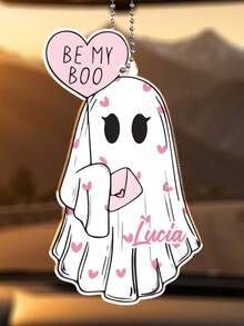 個性化 Be My Boo 幽靈車飾品，客製化姓名粉色愛心幽靈壓克力後視鏡掛飾，萬聖節情人節情侶禮物 - 彩色 - 查看 4