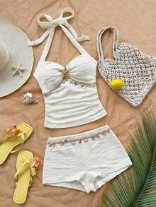 Conjunto de 2 piezas de top halter con estrellas de mar y shorts para vacaciones en la playa de mujer - Naranja - Ver 5