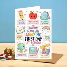 1PC-Back To School Greeting Card With Envelope, Exquisite First Day Of School Card With Cute Apple Pen Shaped Backpack And Rainbow Pattern Design, Back To School Party Gift For Students And Teachers - A - View 3