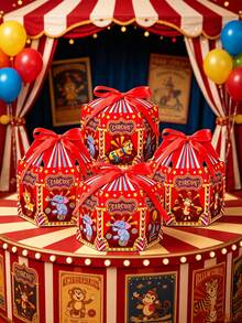 6/2pcs Circus Party Favor Boxes, Carnival Tent Design Candy Treat Gift Boxes With Red Ribbon, Circus Animal Elephant Tiger Monkey Goodie Boxes, Suitable For Birthday Party, Baby Shower Party, Theme Party Decoration And Return Gift Packaging Boxes - Multiple Styles - View 2