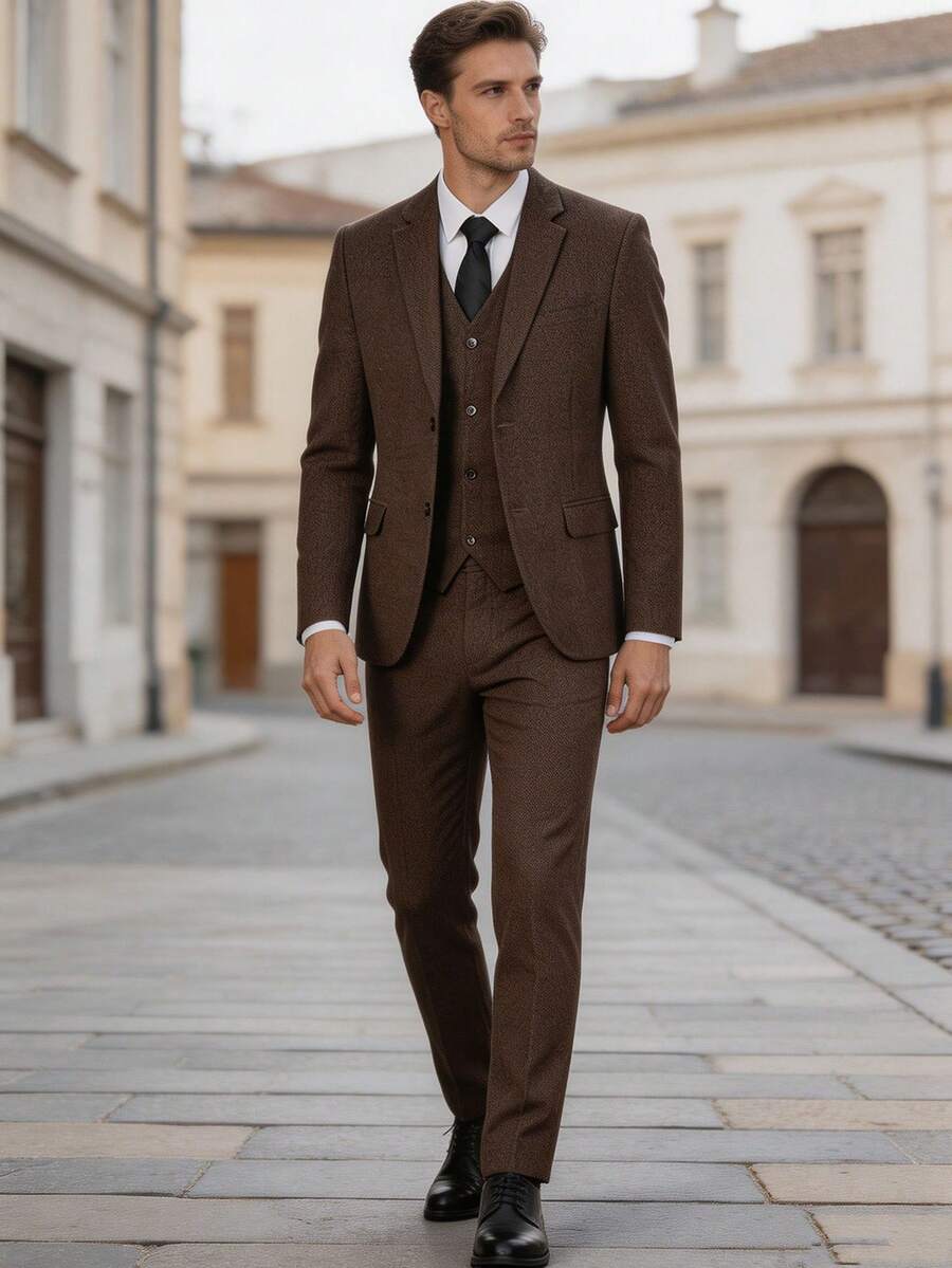 Conjunto de 3 piezas de traje a rayas de mezcla de lana para hombre - Chaqueta, chaleco y pantalones de corte slim para negocios y boda, estilo vintage - Café integral - Ver 1