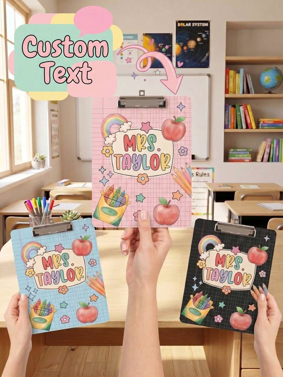 1pc Custom Teacher Clipboard,Personalized Name Pencil Shaped Clipboard,Cute Polka Dot Teacher Appreciation Gift,Rainbow Apple Crayon Pattern,Great For Classroom Office Use,Perfect For Teachers,Tutors Educators,Classroom Use,Lesson Planning - Multicolor - View 1