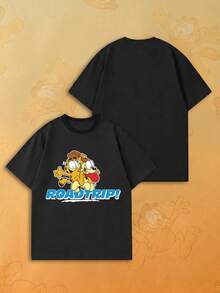 SHEIN | Garfield 女款黑色圓領T恤，兩個卡通角色公路旅行字母印花，寬鬆大碼短袖，適合旅行街頭休閒女孩穿搭 - 黑色 - 查看 2
