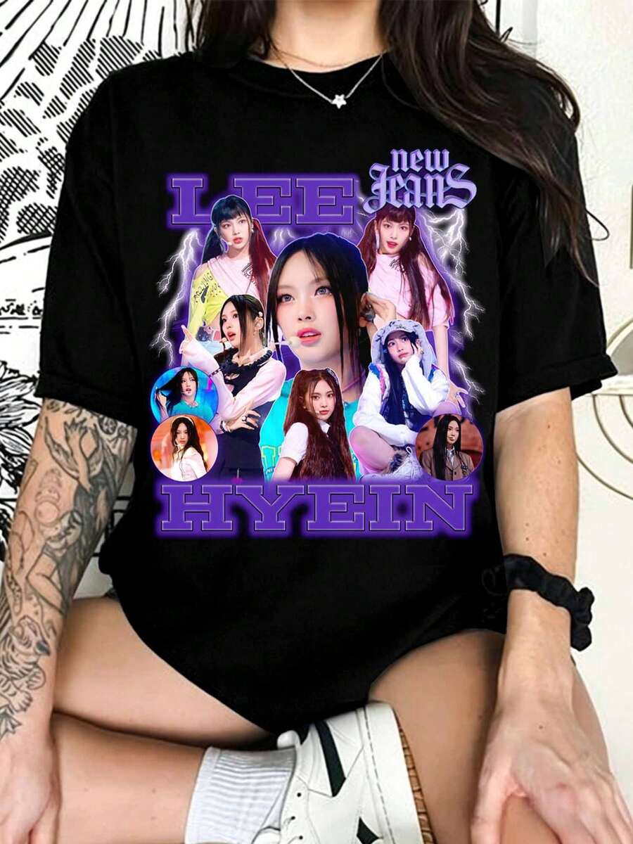 LEEHyein Y2K K-Pop Graphic T-Shirt, Crew Neck Casual Short Sleeve Top For K-Pop Fans - 黑色 - 查看 1