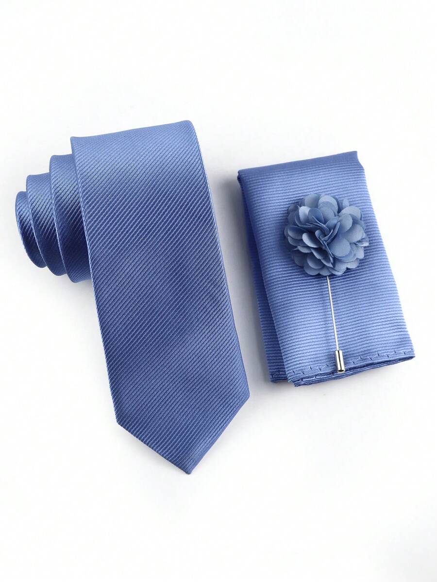 Set Dasi Pria Biru Bergaris 3 Buah, 1 Dasi 6cm, 1 Sapu Tangan Saku, 1 Bunga Kerah, Cocok Untuk Pengantin Pria, Pernikahan, Pesta, dan Pakaian Kerja Sehari-hari - Dusty Blue - View 1
