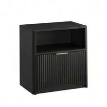 Grooved Bedside Table With Open Drawer And Gold Handles, Space-Saving, Ideal For Bedrooms And Living Rooms, Black - Black - View 8