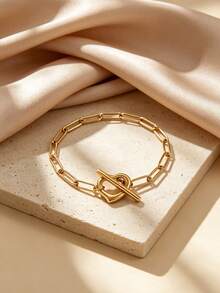 1 Peça Pulseira Feminina de Aço Inoxidável com Fecho OT, Estilo de Pulseira Fina com Corrente de Elos Retangulares, Núcleo de Fecho em Forma de T com Coração Oco, Estilo Minimalista de Luxo Francês Ins, Cor Dourada, Não Oxida e Não Desbota, Adequada para Uso Diário, Compras, Encontros, Viagens, Perfeita como Presente de Acessório de Atmosfera Suave para Aniversário, Dia dos Namorados, Melhor Amiga, Namorada - Pulseira - Visão 6