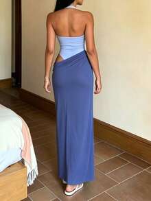 Kliou Backless Color Blocking Dress Women Sexy Sleeveless Backless Halter Dress Patchwork Asymmetric Hem Beach Vacation Party Maxi Bodycon - Blue - View 2