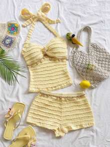 Conjunto de 2 piezas de top halter con estrellas de mar y shorts para vacaciones en la playa de mujer - Amarillo - Ver 1