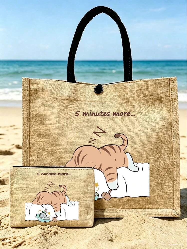 Tote Bag, Sleeping Cat And Teddy Dog With Headphones Print Handbag, Supermarket Shopping And Travel Storage Bag, Back To School Backpack, Linen Handbag, Casual Shoulder Bag, School Storage, Outdoor, Travel And School Storage, Large Capacity Bag, Suitable For Girls, College Students, White-Collar Workers, Christmas, New Year, Anniversary, Graduation, Teacher's Day, Back To School And Birthday Gifts - Multicolor - View 7
